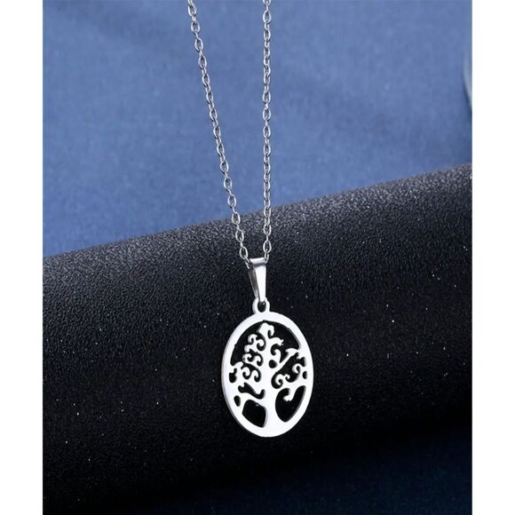 3 Pc Tree of Life Oval Pendant Necklace Stud Earrings Set Stainless Fshion Jwlry - Picture 2 of 5